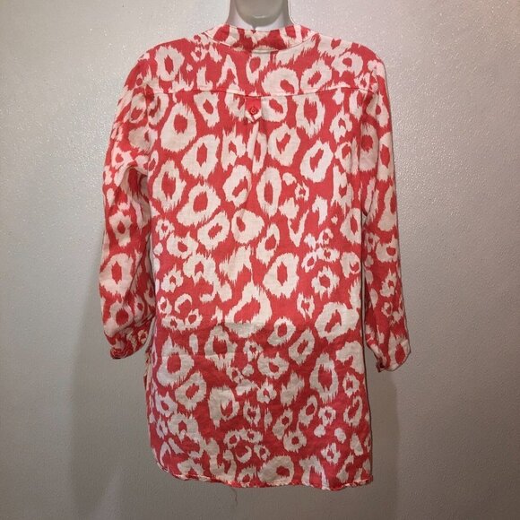 Allison Taylor Medium Pink Peacock Print 3/4 Sleeve Linen Tunic Blouse Top Shirt - Picture 7 of 11